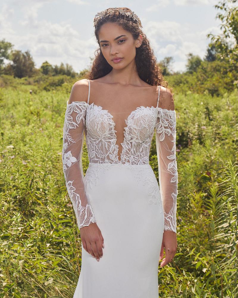 La24120 sexy off the shoulder wedding dress with plunging neckline and lace train3